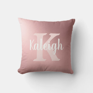 Coussin Élégant Métal Blush Rose Blanc Monogramme Nom