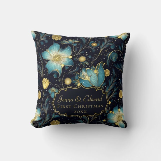 Coussin Élégant Midnight Blue & Gold Floral Personnalisé (Recto)