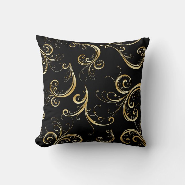 Coussin Élégant modèle floral noir et or (Recto)