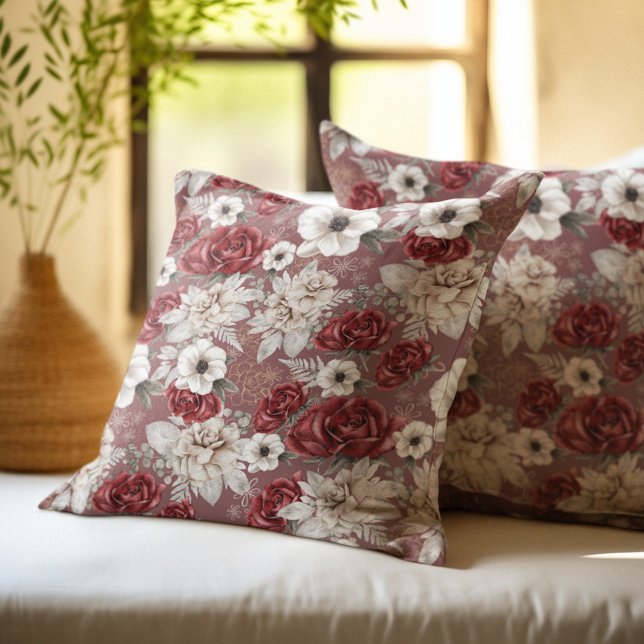 Coussin Élégant modèle floral rose Rose de Bourgogne (Créateur téléchargé)