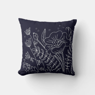 Coussin Élégant Moderne Fleurs Bleu Nuit et Blanc
