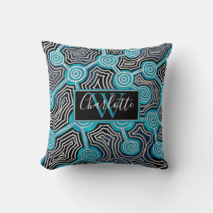 Coussin Élégant Monogramme Abstrait Bleu Script
