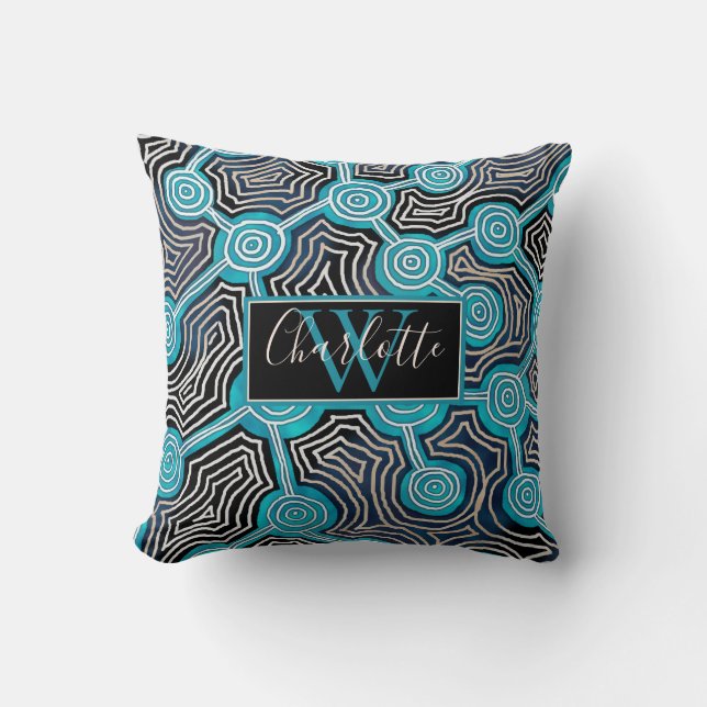 Coussin Élégant Monogramme Abstrait Bleu Script (Recto)