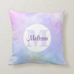 Coussin Élégant Monogramme d'aquarelle bleu violet