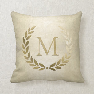 Coussin Élégant monogramme de couronne de laurier d'or i
