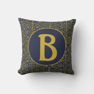 Coussin Élégant Monogramme de Filigree Bleu & Or