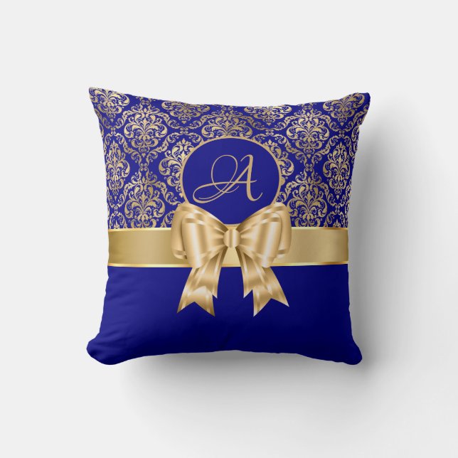Coussin Élégant monogramme en or Damas sur bleu marine (Recto)