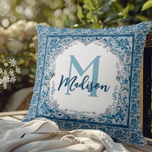 Coussin Élégant monogramme floral bleu aqua vintage