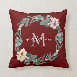 Coussin Élégant monogramme floral de l'Eucalyptus de Bourg