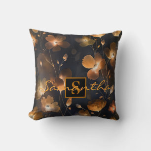 Coussin Élégant monogramme floral en terre cuite noire or 