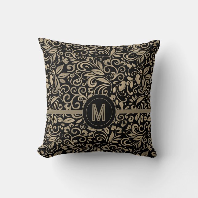 Coussin Élégant Monogramme Floral Noir Argent (Recto)
