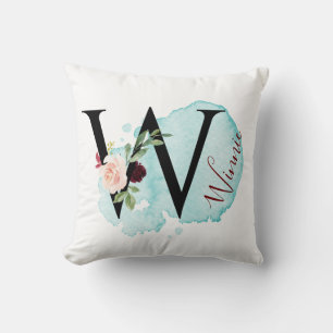 Coussin Élégant Monogramme Floral W Nom personnalisé