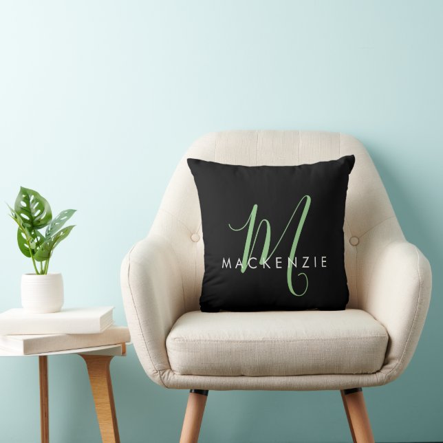 Coussin Élégant Monogramme moderne noir vert Script (Chaise)