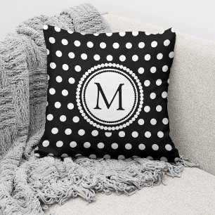 Coussin Élégant Monogramme Noir Blanc Points Polka