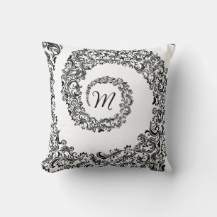 Coussin Élégant monogramme noir damassé