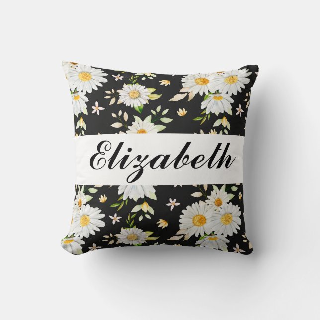 Coussin Élégant Monogramme noir et blanc Motif de margueri (Recto)