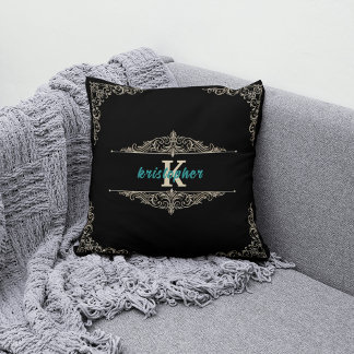 Coussin Élégant Monogramme Noir et Or Nom personnalisé