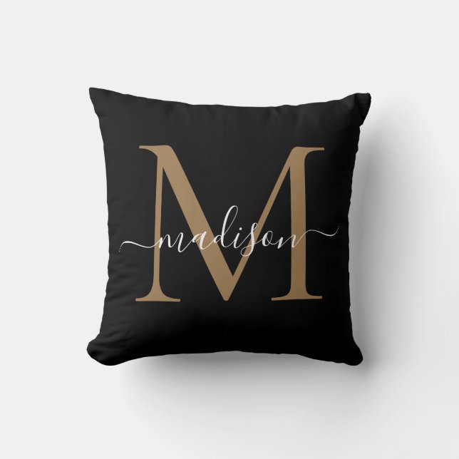 Coussin Élégant Monogramme Noir Or Stylish Script Girly (Recto)