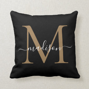 Coussin Élégant Monogramme Noir Or Stylish Script Girly