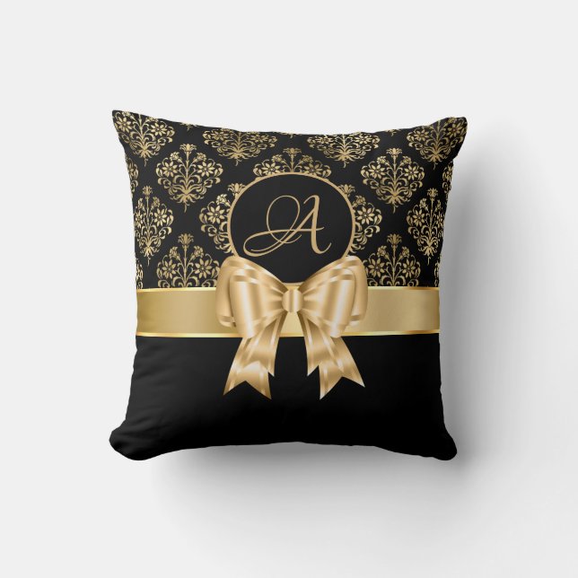 Coussin Élégant Monogramme Or Damas Sur Noir (Recto)