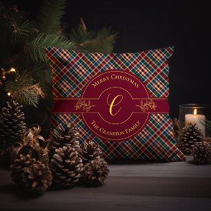 Coussin Élégant Monogramme Or Plaid Noël