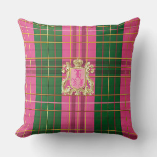 Coussin Élégant Monogramme Pink et Vert Plaid