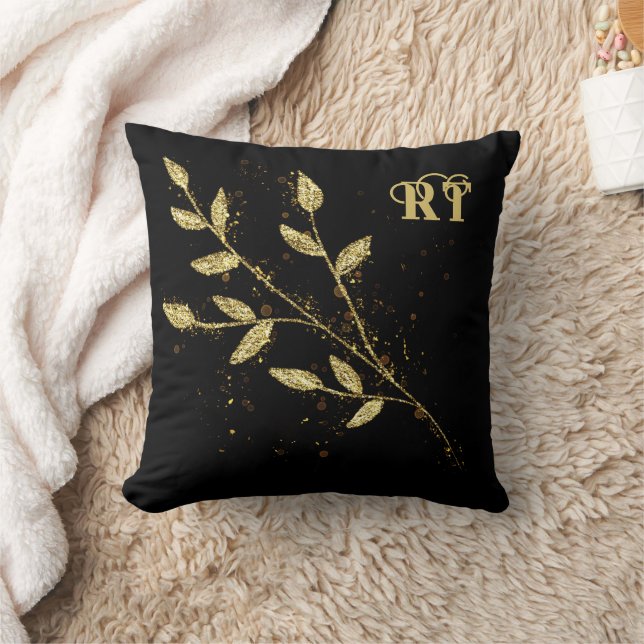 Coussin Élégant monogramme Plante noir et or (Couverture)