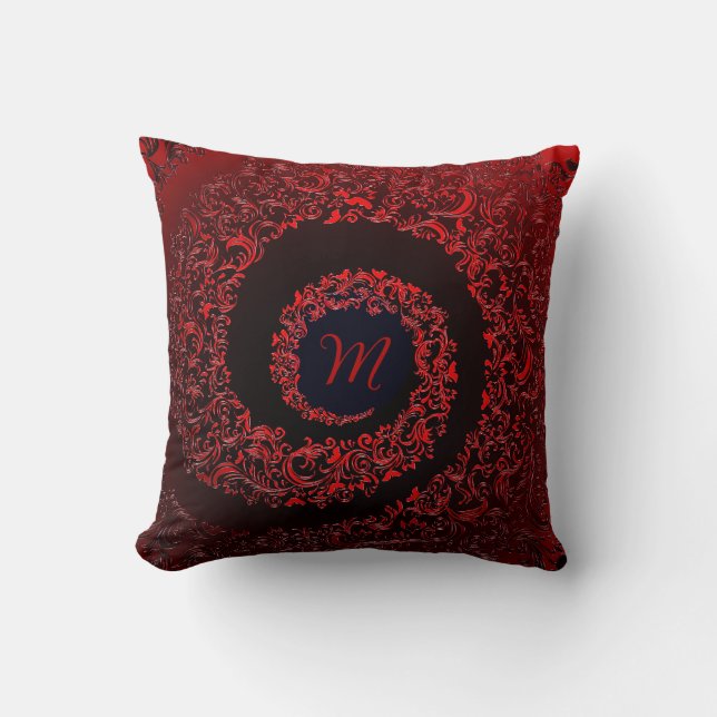 Coussin Élégant monogramme rouge damassé (Recto)