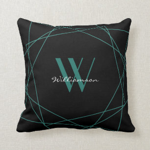 Coussin Élégant Monogramme Turquoise noir - Script de nom 