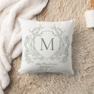 Coussin Élégant Monogramme Vintage Sage Vert Cimier Floral