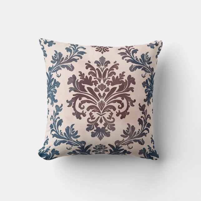 Coussin Élégant motif bleu et bordeaux Damas (Recto)