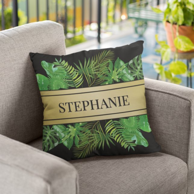 Coussin Élégant Motif Botanique Palm Vert Faux Or (Créateur téléchargé)