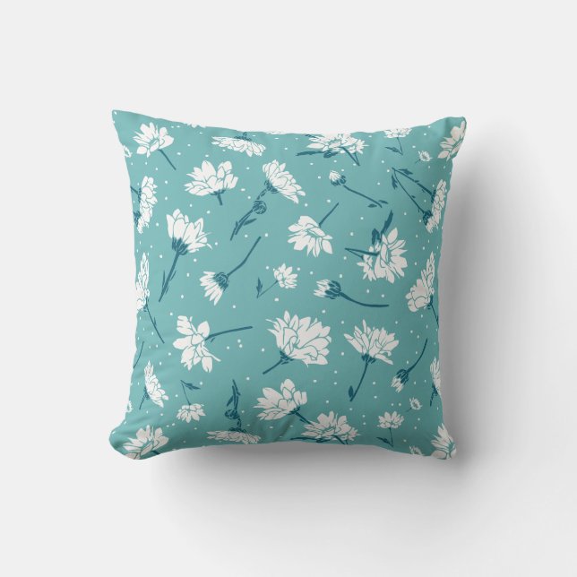Coussin Élégant motif floral - Botanique Turquoise et blan (Recto)