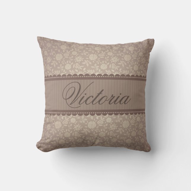 Coussin Élégant motif floral Brown Nom personnalisé (Recto)
