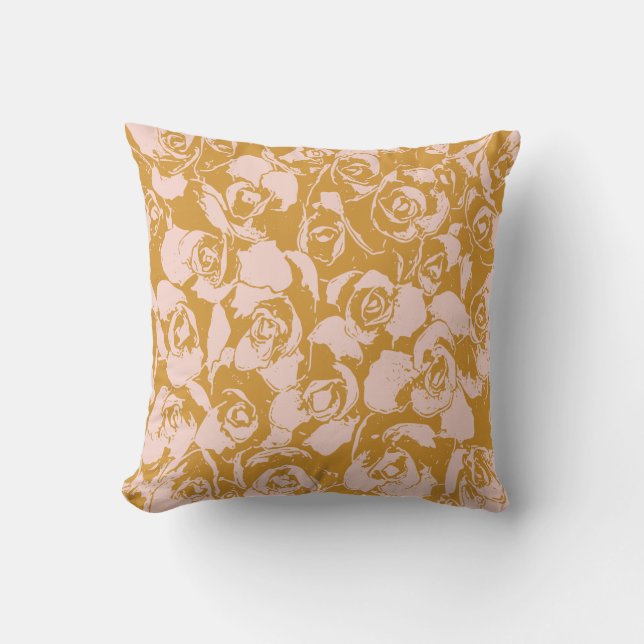 Coussin Élégant motif floral en rose et jaune moutarde (Recto)