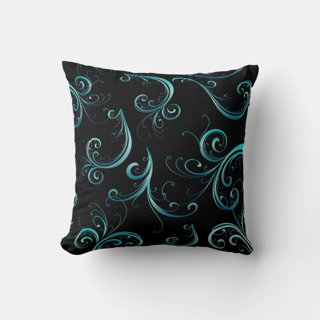 Coussin Élégant motif floral noir et turquoise (Recto)