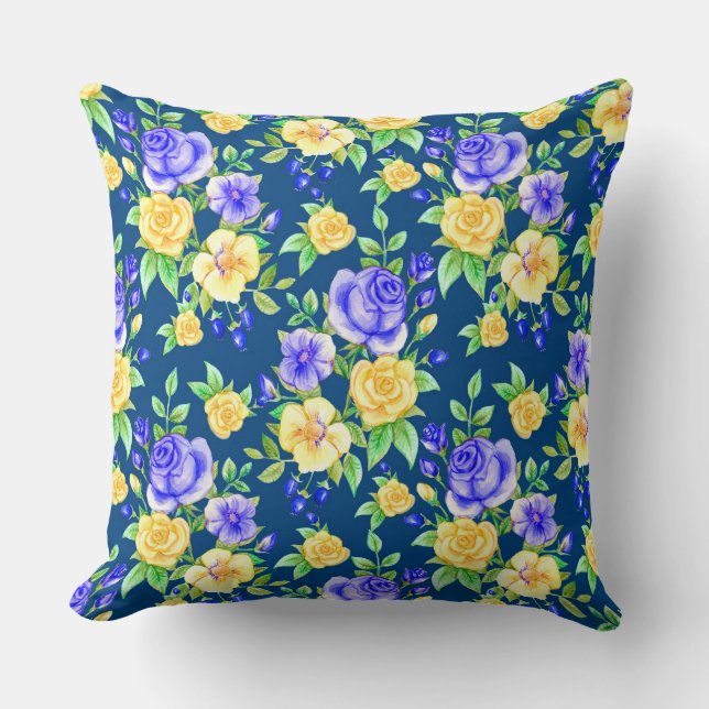 Coussin Élégant motif floral rose jaune bleu (Recto)