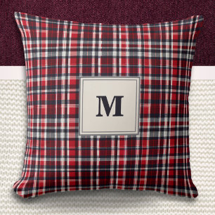 Coussin Élégant Motif Tartan à Monogramme Stylé