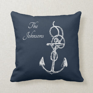 Coussin Elegant Navy Blue Ancre Personnalisé Nom de famil