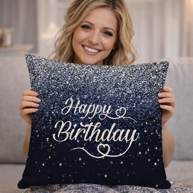 Coussin Elegant Navy Glitter Happy Birthday Throw Pillow (Créateur téléchargé)