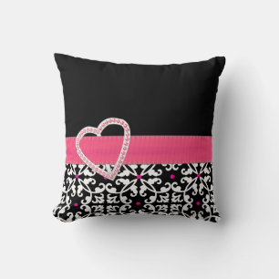 Coussin élégant noir, blanc et rose Damask