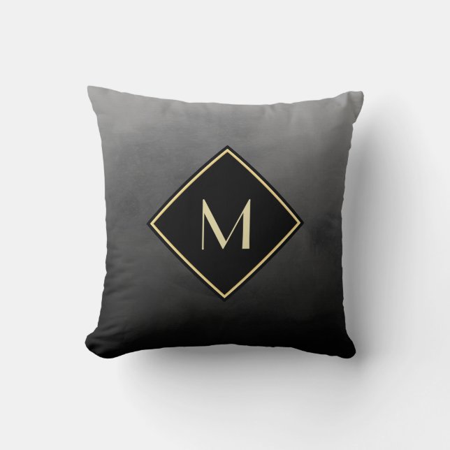 Coussin Élégant Noir Brossé Avec Monogramme Or Simple (Recto)
