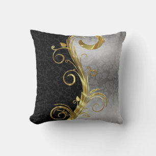 Coussin Elégant noir Damas Gold & Silver Swirls