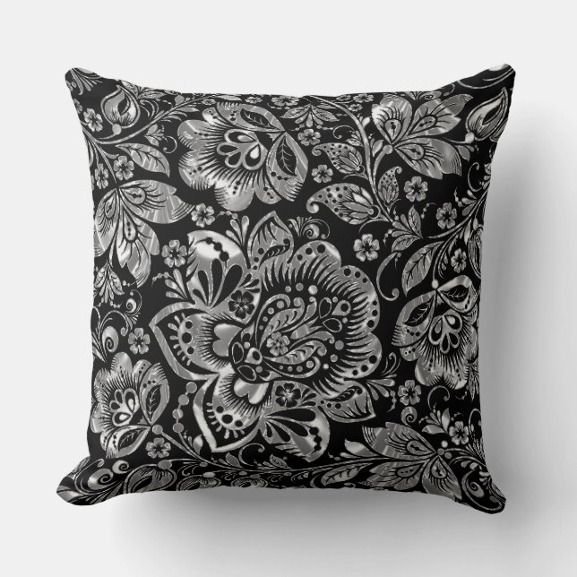 Coussin Élégant noir et argent Floral Baroque Damask (Recto)