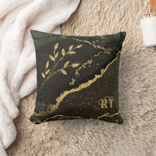 Coussin Élégant Noir et Or Marbré Initiales
