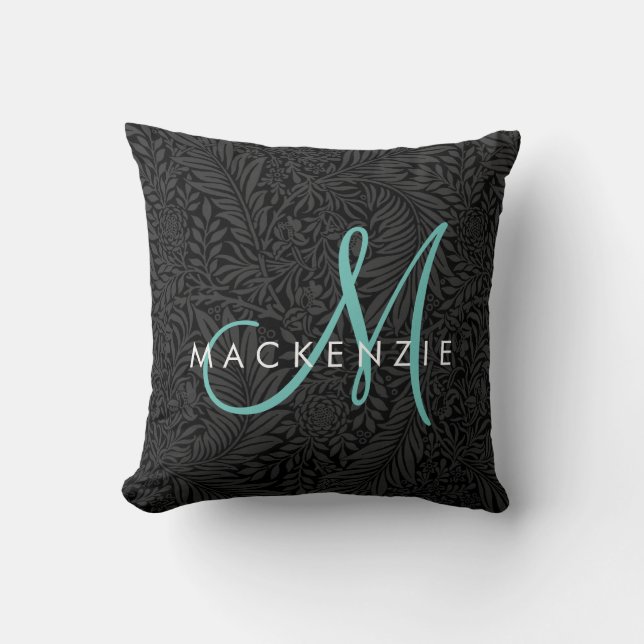 Coussin Élégant noir floral Turquoise Script Monogramme (Recto)