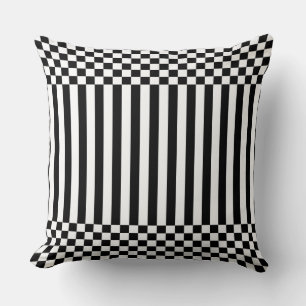 Coussin Elégant noir géométrique rayures & Checker blanc