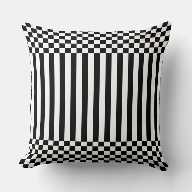 Coussin Elégant noir géométrique rayures & Checker blanc (Recto)