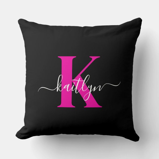 Coussin Élégant Noir Hot Rose Script Monogramme (Recto)