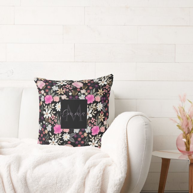 Coussin Elégant noir rose Fleurs sauvages Boho Floral Pain (Canapé)